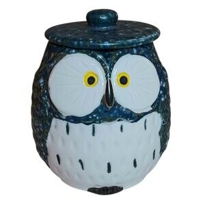 Blue & White Owl Tea Cup, Jar, Or Canister With Lid Speckled Ceramic 3.5" x 3"